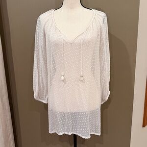 Tommy Bahama Silk Blend Cream Sheer Swiss Dot 3/4 Sleeve, Size Large